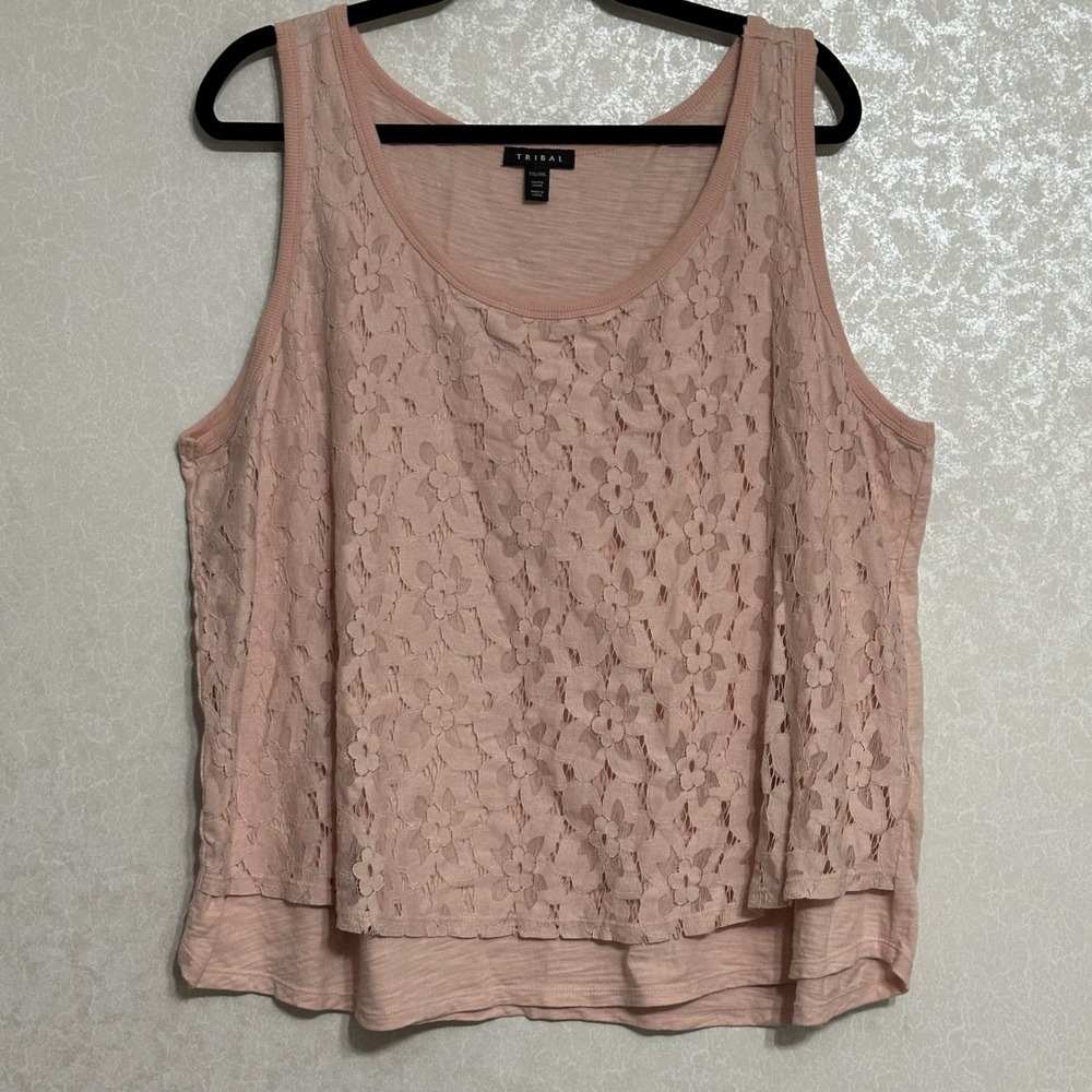 Tribal Pink Floral Lace Overlay Tank Top Sleeveless Layered Casual Blouse XXL